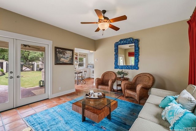 1626 Cordillera Trce, Boerne, TX 78006 - living room featuring a ceiling fan, baseboards, french doors, and light tile patterned floors