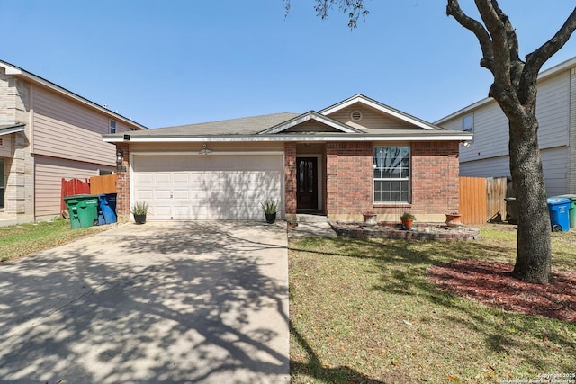 434 Golden Walk, San Antonio, TX 78227 - ranch-style home featuring fence, an attached garage, concrete driveway, a front lawn, and brick siding