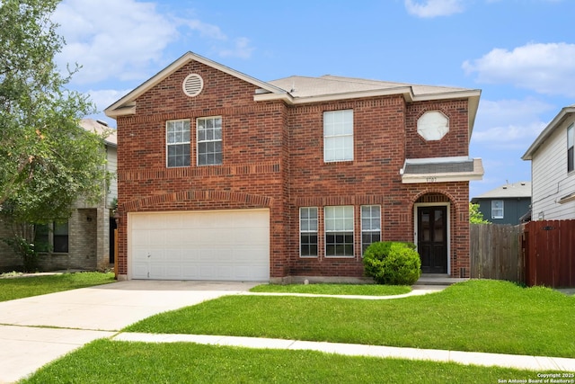 traditional-style home featuring fence, a front lawn, brick siding, a garage, and driveway