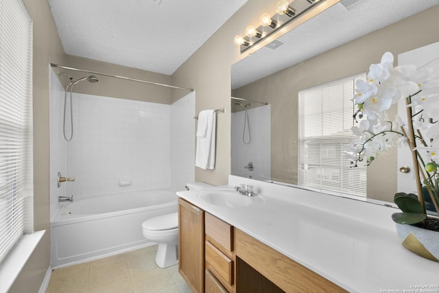 bathroom featuring tile patterned flooring, shower / bathtub combination, toilet, and vanity