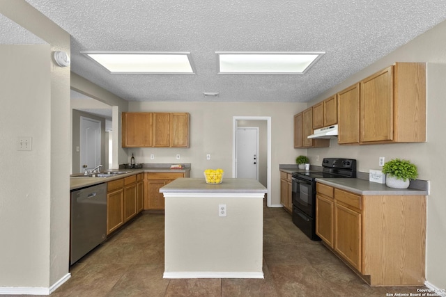 kitchen with a sink, dishwasher, black electric range oven, under cabinet range hood, and a kitchen island