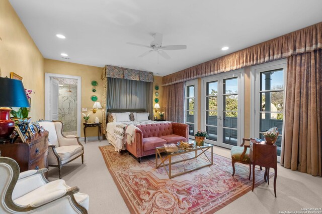 122 Chester Apt 5, San Antonio, TX 78209 - bedroom with light carpet, access to exterior, recessed lighting, and a ceiling fan