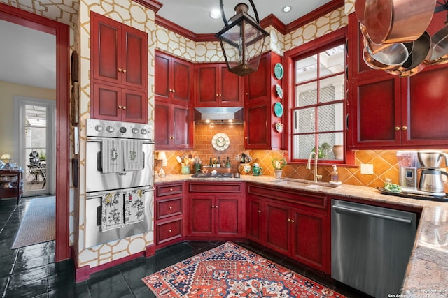 122 Chester Apt 5, San Antonio, TX 78209 - kitchen with appliances with stainless steel finishes, dark brown cabinets, tasteful backsplash, crown molding, and light stone counters