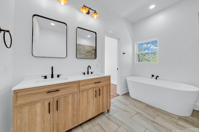 full bathroom featuring double vanity, a soaking tub, recessed lighting, and a sink