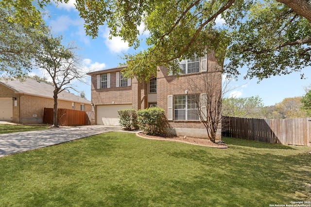 12319 Stable Road Dr, San Antonio, TX 78249 - traditional home featuring brick siding, a front lawn, fence, concrete driveway, and a garage