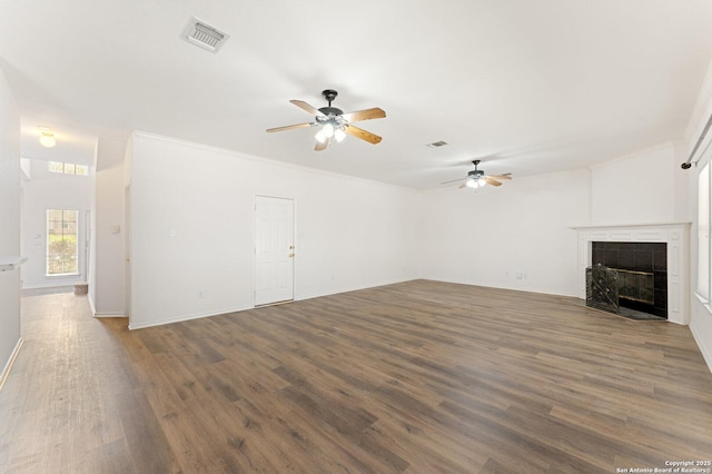 12319 Stable Road Dr, San Antonio, TX 78249 - unfurnished living room featuring a fireplace, wood finished floors, visible vents, and ceiling fan