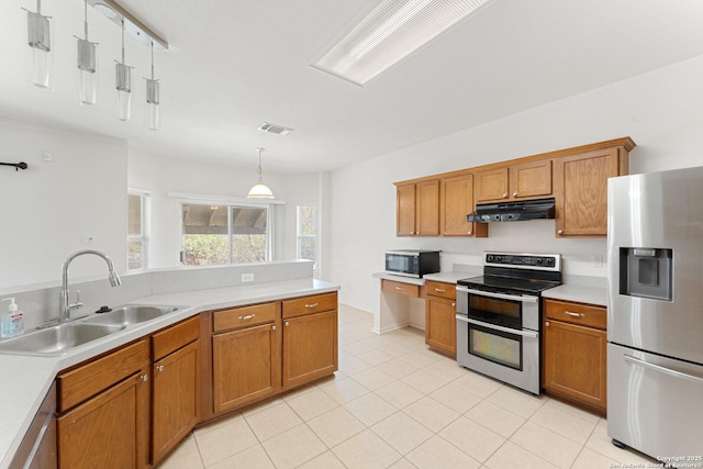 12319 Stable Road Dr, San Antonio, TX 78249 - kitchen featuring visible vents, a sink, under cabinet range hood, appliances with stainless steel finishes, and brown cabinets