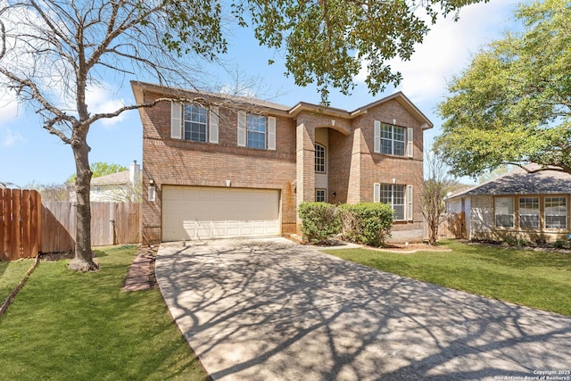 12319 Stable Road Dr, San Antonio, TX 78249 - traditional-style home with fence, concrete driveway, an attached garage, a front yard, and brick siding