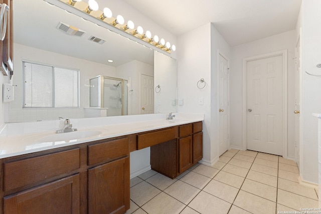 12319 Stable Road Dr, San Antonio, TX 78249 - full bath with a sink, visible vents, a stall shower, and tile patterned floors