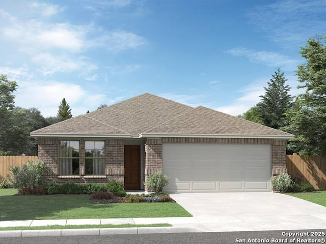 single story home with a garage, brick siding, concrete driveway, and fence