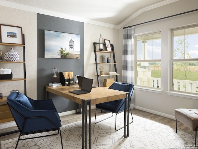 home office featuring vaulted ceiling, wood finished floors, baseboards, and ornamental molding