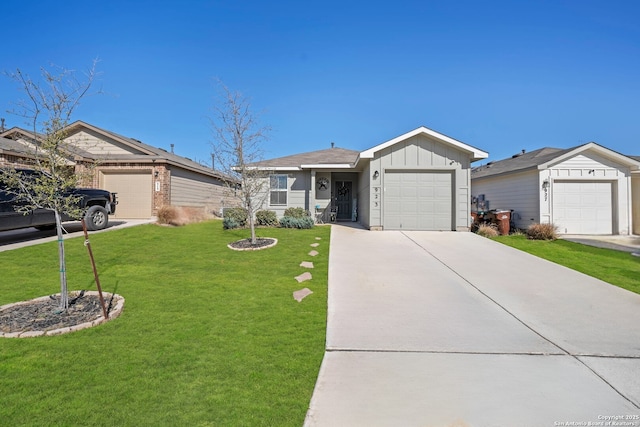 923 Empress Brilliant, San Antonio, TX 78253 - single story home featuring an attached garage, board and batten siding, concrete driveway, and a front lawn