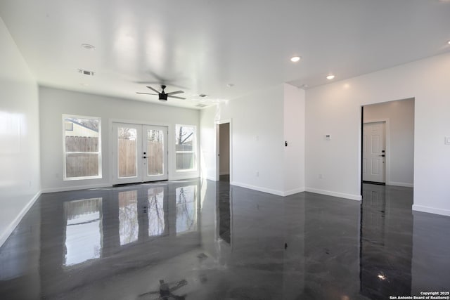 106 Bank St Unit 201, San Antonio, TX 78204 - unfurnished living room with a ceiling fan, french doors, visible vents, and baseboards