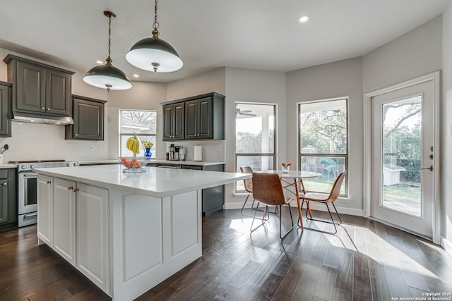15110 Grayoak Frst, San Antonio, TX 78248 - kitchen featuring dark wood finished floors, light countertops, stainless steel range with electric stovetop, and a healthy amount of sunlight