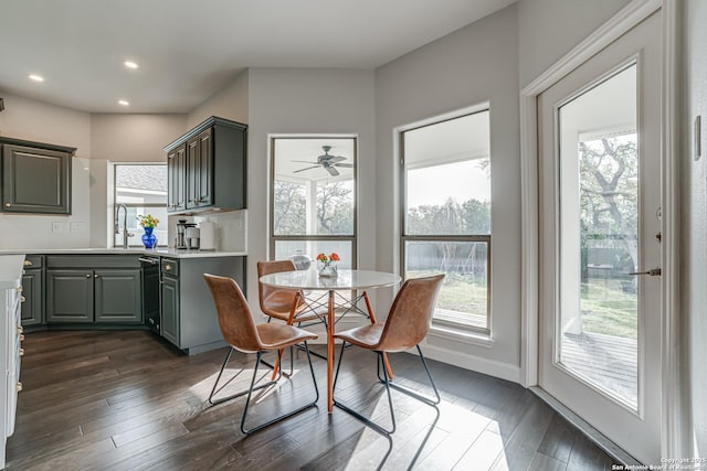 15110 Grayoak Frst, San Antonio, TX 78248 - dining area featuring dark wood finished floors, recessed lighting, baseboards, and a ceiling fan