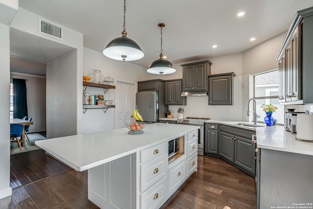 15110 Grayoak Frst, San Antonio, TX 78248 - kitchen with visible vents, gray cabinetry, a sink, open shelves, and stainless steel appliances