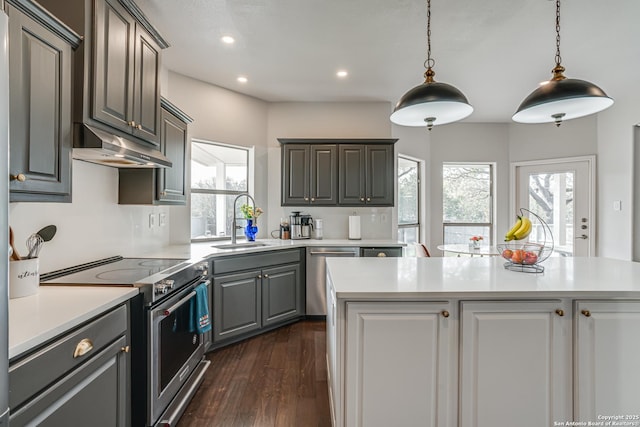 15110 Grayoak Frst, San Antonio, TX 78248 - kitchen with dark wood finished floors, a sink, light countertops, under cabinet range hood, and appliances with stainless steel finishes