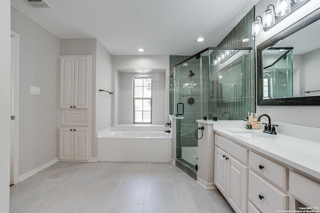15110 Grayoak Frst, San Antonio, TX 78248 - full bath featuring vanity, visible vents, a shower stall, tile patterned floors, and a bath