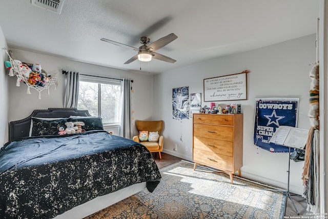 15110 Grayoak Frst, San Antonio, TX 78248 - bedroom featuring a textured ceiling, baseboards, visible vents, and ceiling fan