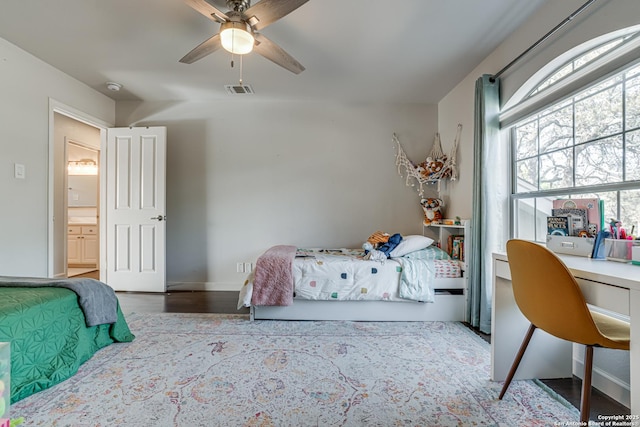 15110 Grayoak Frst, San Antonio, TX 78248 - bedroom with visible vents, ceiling fan, baseboards, and wood finished floors