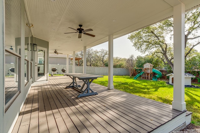 15110 Grayoak Frst, San Antonio, TX 78248 - deck with a playground, fence, a lawn, and ceiling fan
