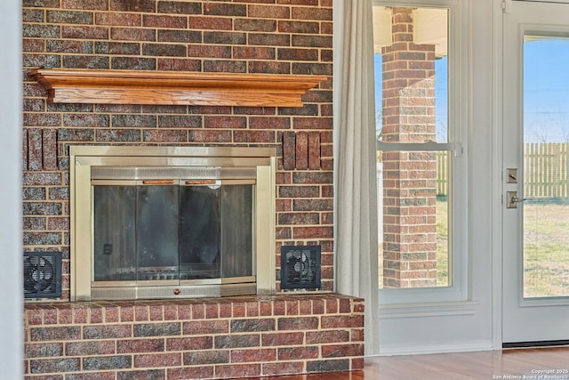 details featuring wood finished floors and a fireplace