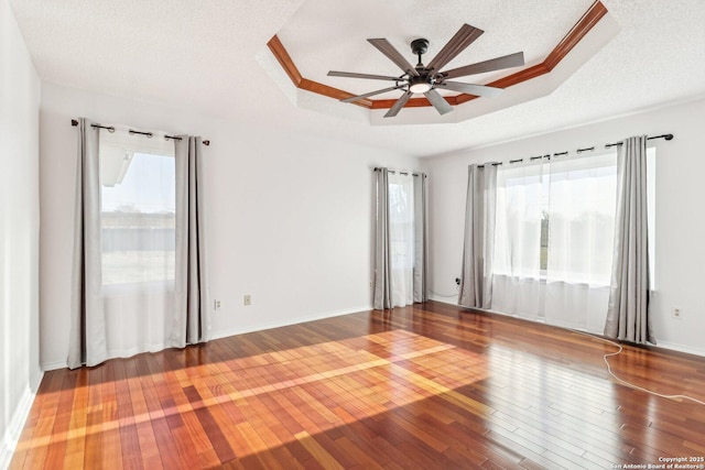 unfurnished room featuring a wealth of natural light, a tray ceiling, and hardwood / wood-style floors
