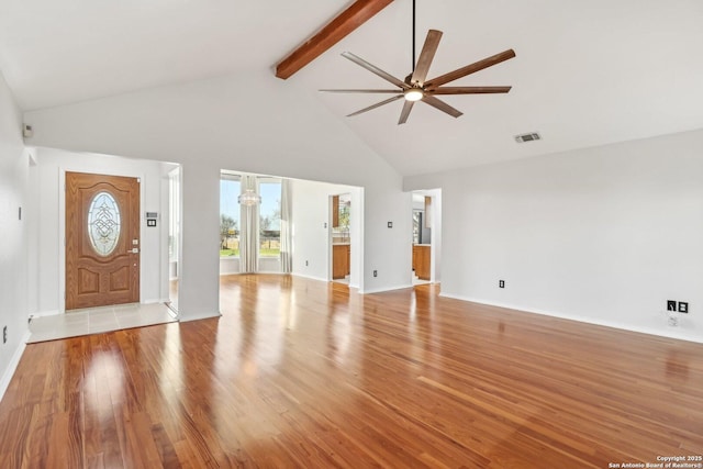 foyer featuring visible vents, beam ceiling, high vaulted ceiling, a ceiling fan, and wood finished floors