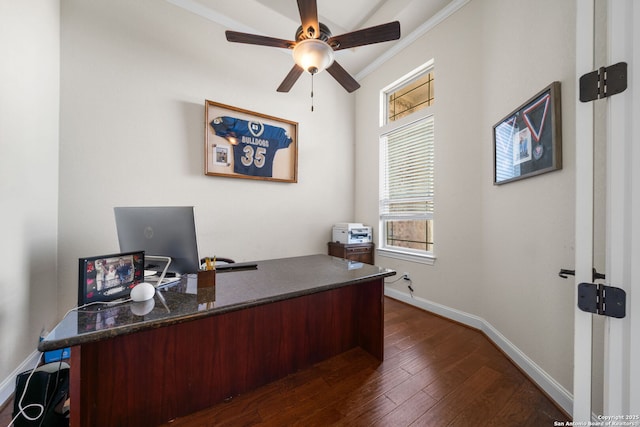 13606 Beck Ml, San Antonio, TX 78253 - office space featuring baseboards, crown molding, ceiling fan, and dark wood-style flooring