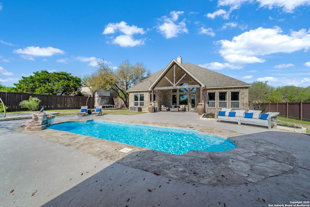 13606 Beck Ml, San Antonio, TX 78253 - view of swimming pool featuring a fenced in pool, an outdoor living space, a fenced backyard, a trampoline, and a patio area