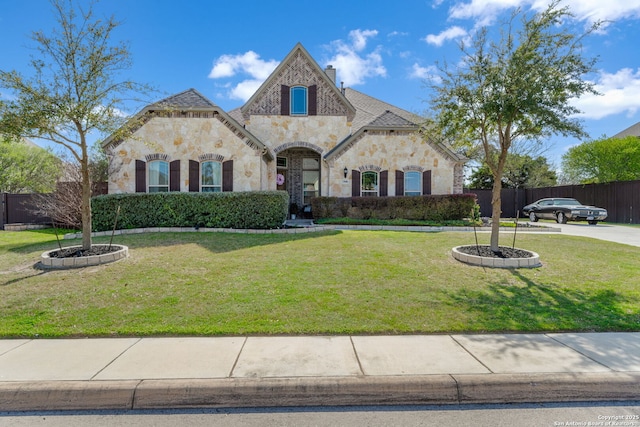 13606 Beck Ml, San Antonio, TX 78253 - french country home with stone siding, a chimney, a front yard, and fence