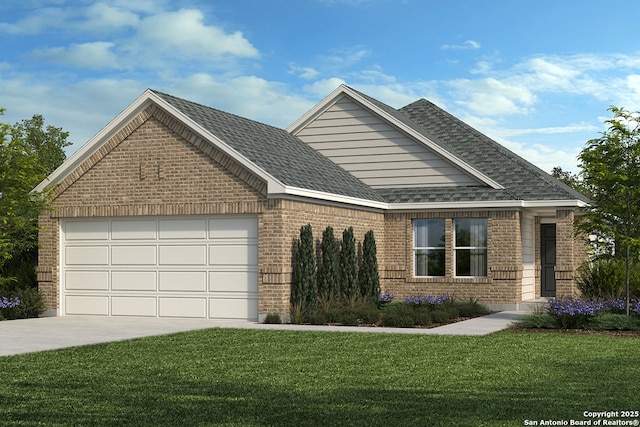 5127 Yarborough Cyn, San Antonio, TX 78109 - view of front facade with brick siding, an attached garage, a front lawn, and concrete driveway