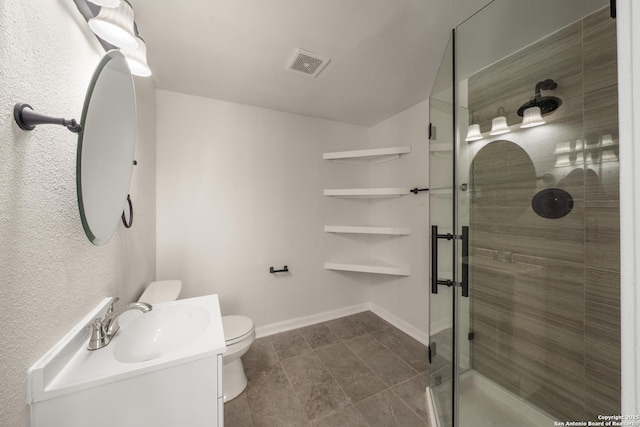 bathroom featuring visible vents, a shower stall, baseboards, toilet, and vanity