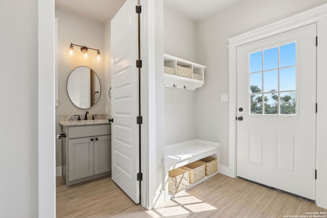 295 S E Ave, New Braunfels, TX 78130 - mudroom with light wood-style floors, a sink, and baseboards