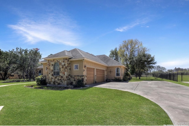 view of front of home featuring stone siding, an attached garage, stucco siding, a front yard, and driveway