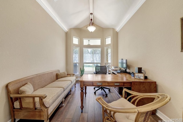 office space featuring wood-type flooring, baseboards, and lofted ceiling