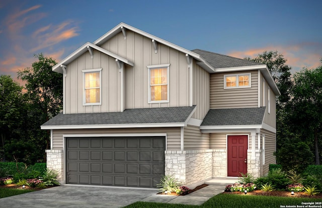 819 Bluegrass Pt, New Braunfels, TX 78130 - view of front of home with driveway, stone siding, roof with shingles, an attached garage, and board and batten siding