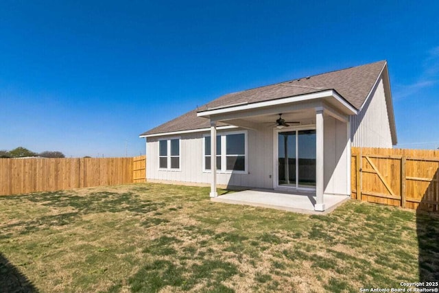 1518 Passmore Downs, New Braunfels, TX 78130 - rear view of property featuring ceiling fan, a patio, and a shingled roof