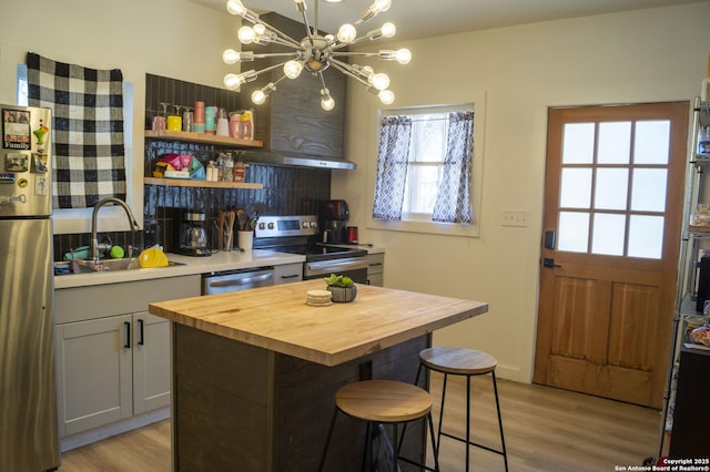 kitchen with stainless steel appliances, decorative backsplash, a sink, wood counters, and light wood finished floors
