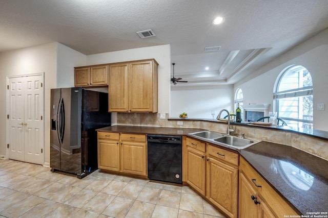 14834 Churchill Estates Blvd, San Antonio, TX 78248 - kitchen with black appliances, a sink, ceiling fan, backsplash, and light tile patterned flooring