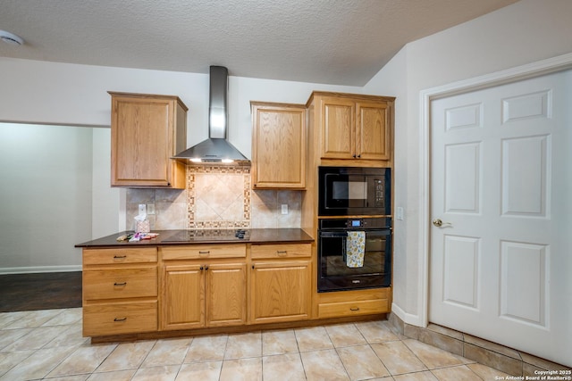14834 Churchill Estates Blvd, San Antonio, TX 78248 - kitchen featuring black appliances, wall chimney exhaust hood, dark countertops, backsplash, and a textured ceiling