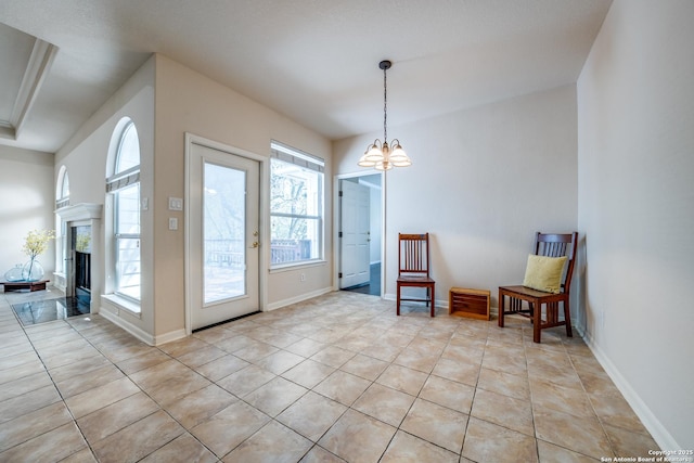 14834 Churchill Estates Blvd, San Antonio, TX 78248 - living area with light tile patterned floors, a chandelier, and a fireplace