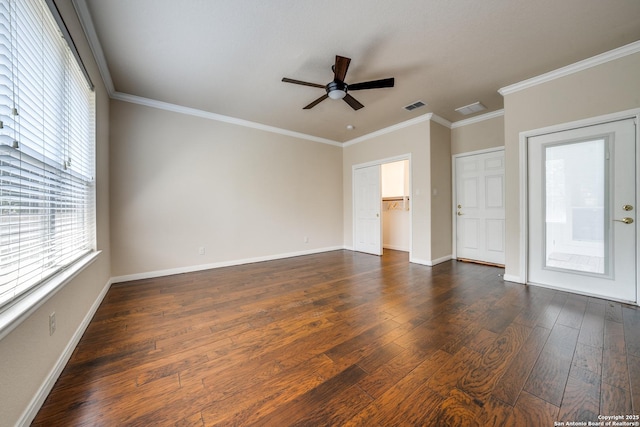 14834 Churchill Estates Blvd, San Antonio, TX 78248 - unfurnished bedroom with dark wood-style flooring, ornamental molding, baseboards, and a ceiling fan