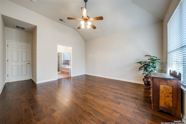14834 Churchill Estates Blvd, San Antonio, TX 78248 - unfurnished living room with lofted ceiling, ceiling fan, dark wood-style floors, and baseboards