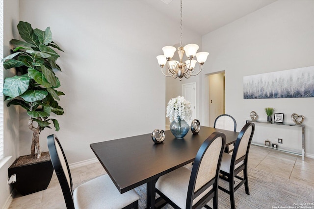 12007 White Riv, San Antonio, TX 78254 - dining space with baseboards, high vaulted ceiling, a chandelier, and light tile patterned floors
