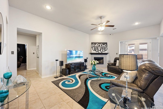 12007 White Riv, San Antonio, TX 78254 - living room with a ceiling fan, a fireplace, tile patterned flooring, baseboards, and visible vents