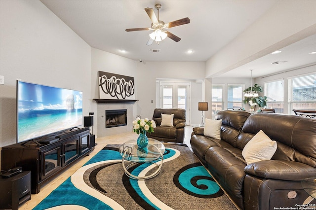 12007 White Riv, San Antonio, TX 78254 - living area with recessed lighting, a tile fireplace, ceiling fan, and visible vents