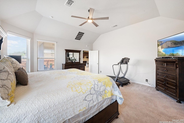 12007 White Riv, San Antonio, TX 78254 - bedroom with a ceiling fan, lofted ceiling, baseboards, light colored carpet, and visible vents