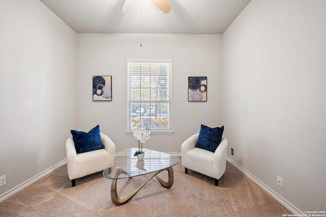 12007 White Riv, San Antonio, TX 78254 - living area featuring baseboards, carpet flooring, and ceiling fan
