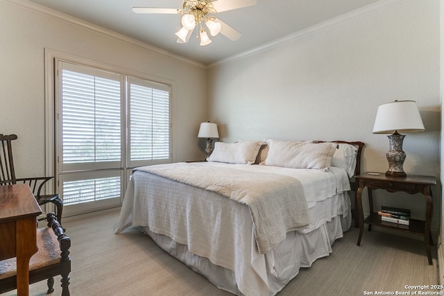 7 Oxford Hall, San Antonio, TX 78209 - bedroom featuring multiple windows, crown molding, light carpet, and a ceiling fan